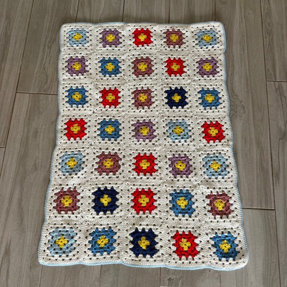 Handmade Crochet Granny Square Baby Blanket MultiColor White 24x36 Nursery Throw